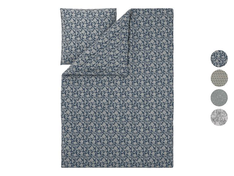 Bettwäsche mit Blumenmuster in Blau- und Grautönen, mit vier Farbmustern.