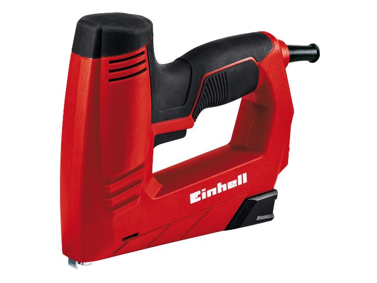 Roter Elektrotacker mit schwarzem Griff und Details.