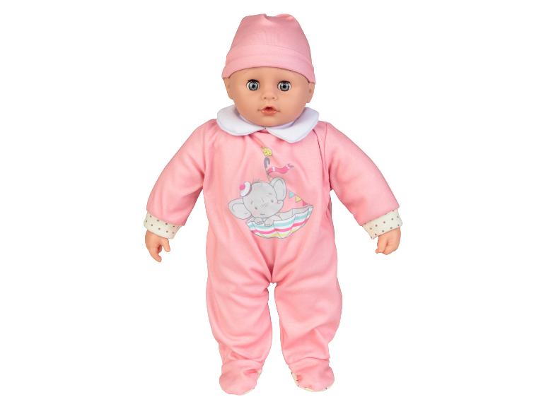 Eine rosa Baby-Puppe mit Elefanten-Motiv.