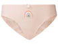 Ein rosafarbener Slip mit einem Regenbogen und dem Text 'Be happy'.