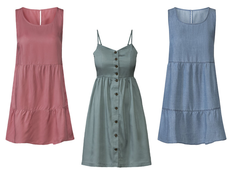 Drei Sommerkleider: rosa, grau und Jeans.