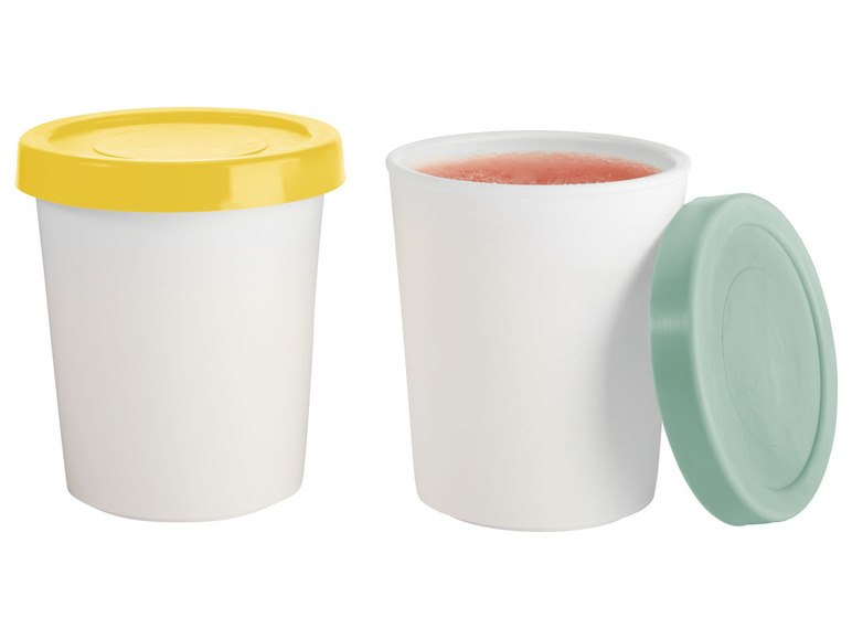 Zwei weiße Becher mit gelbem und grünem Deckel.