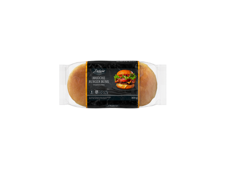 Packung Brioche Burger Buns, vorgeschnitten, mit Burgerbild und Text.