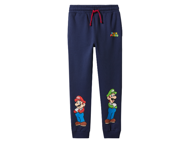 Dunkelblaue Kinderjogginghose mit Super Mario-Aufdruck.