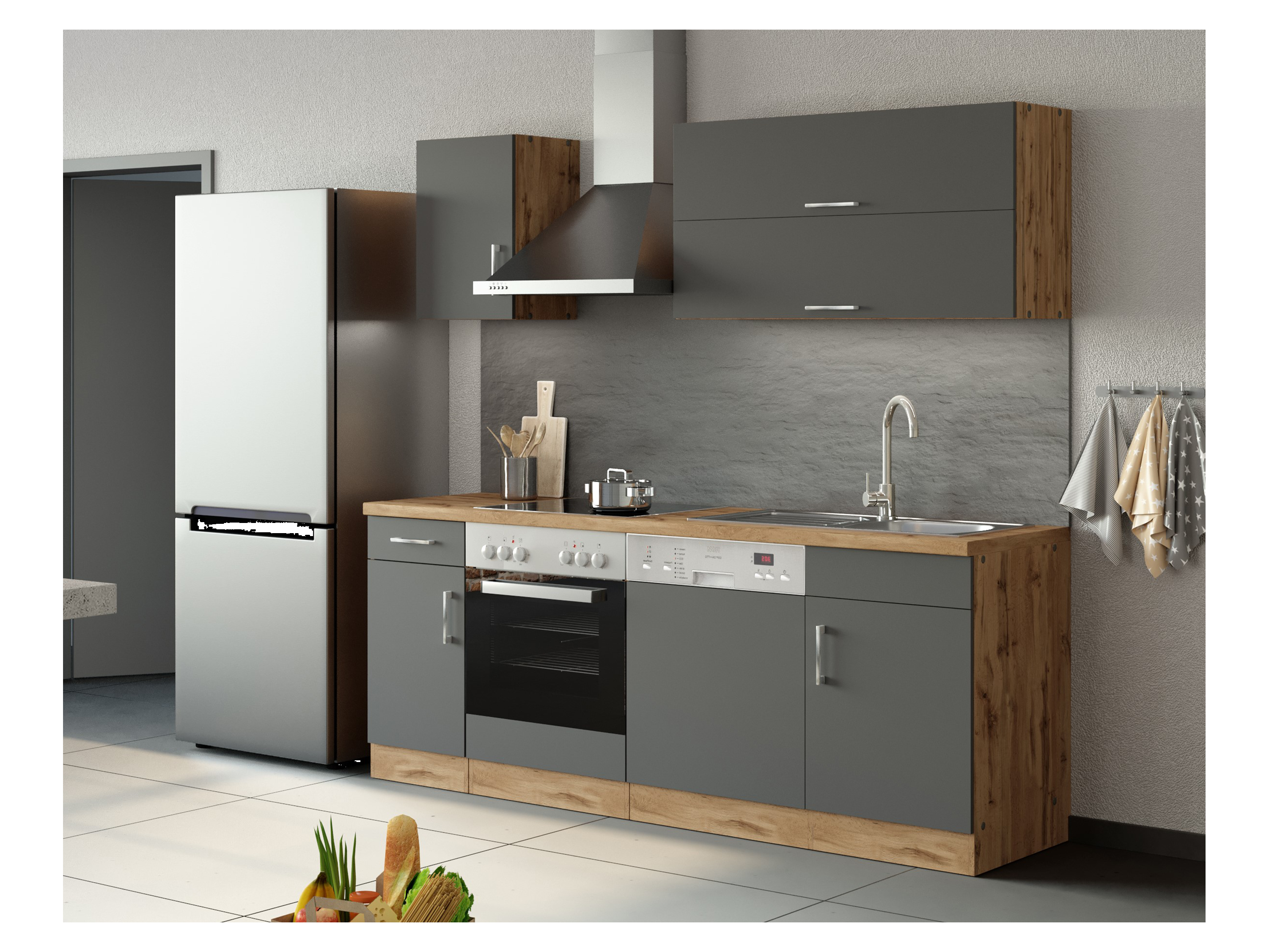 Thumbnail - HELD Küchenzeile »Hamburg«, mit Elektrogeräten (210 cm, wotaneiche/ melamin anthrazit)