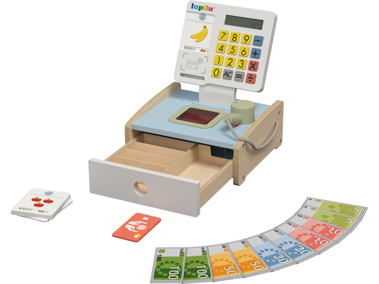 Spielzeug-Holzkasse mit Banknoten, Karten und Produkten.