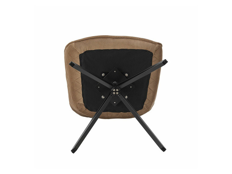 Unterseite eines braunen Stuhls mit schwarzem Metallgestell.