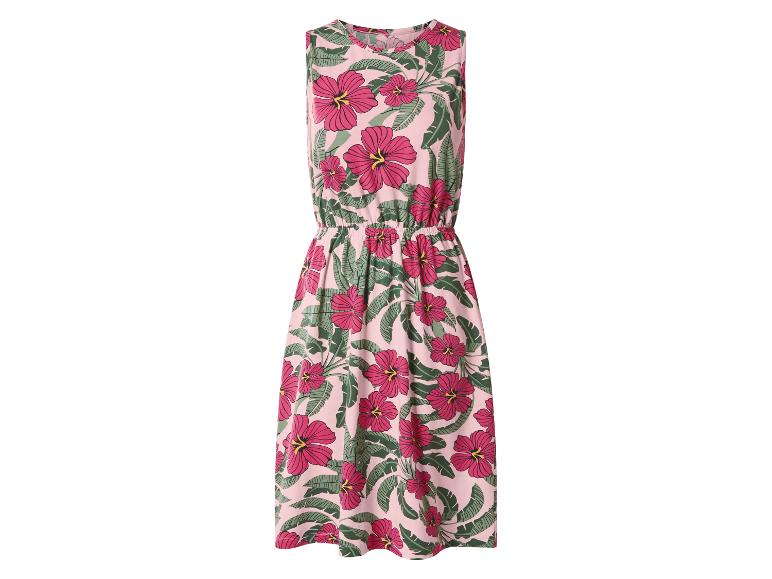 Rosa ärmelloses Kleid mit lebhaftem Blumen- und Blättermuster.