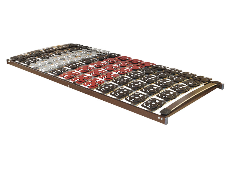 Ein Lattenrost aus Holz mit schwarzen, roten und silbernen Lamellen.