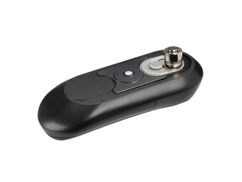 Schwarzer elektrischer Dosenöffner mit Metallschneideklinge und Zahnrad