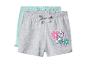 Zwei Mädchenshorts, eine graue mit Hunde- und Blumendruck, die andere aquafarben.