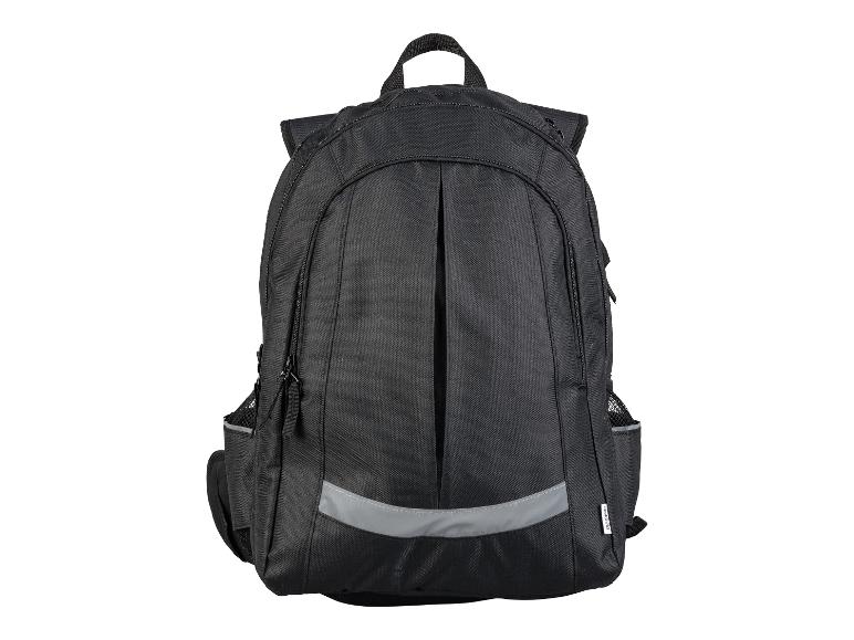 Schwarzer Rucksack mit Seitentaschen.