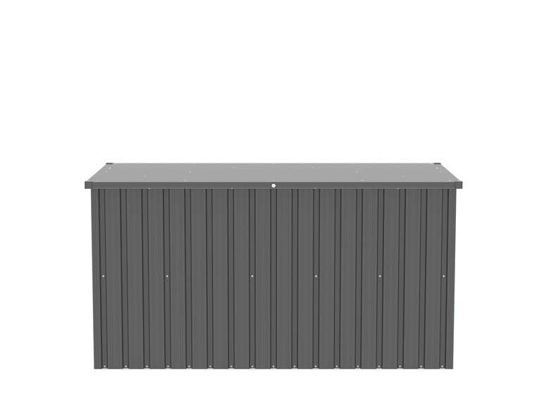 Ein graues Metall-Gartenhaus mit Flachdach.