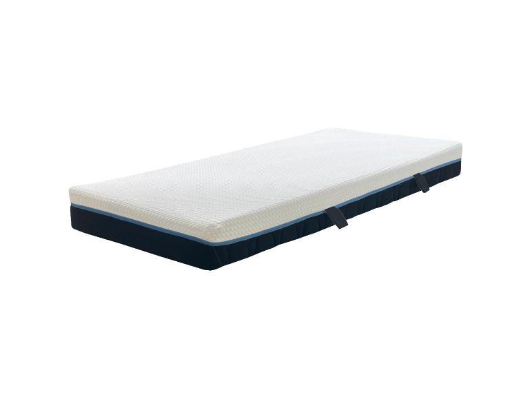 Eine weiß-dunkelblaue Matratze mit blauem Streifen und Griffen an den Seiten.