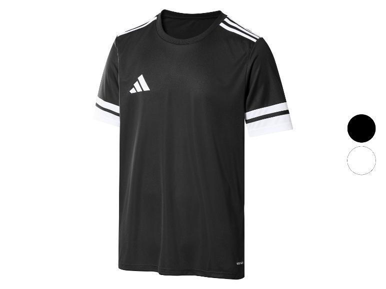 Schwarzes Adidas Fußballtrikot mit weißen Streifen an Schultern und Ärmeln und einem weißen Logo.