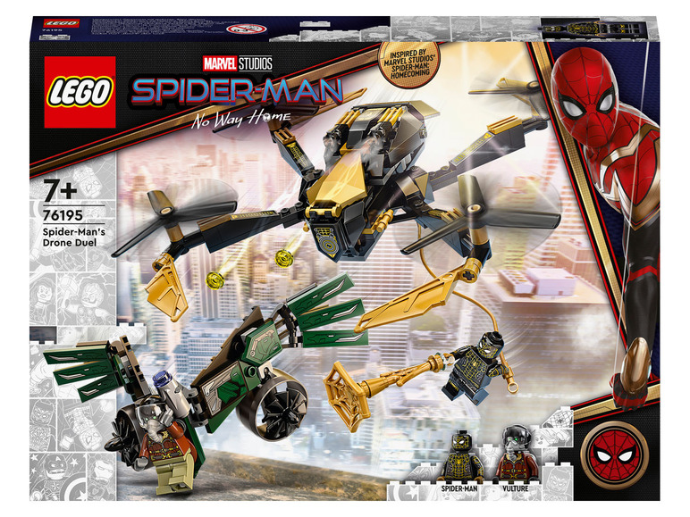 LEGO Spider-Man Set mit Drohnen und Minifiguren von Spider-Man und Vulture.