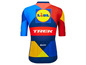 Ein blaues Trek-Radsporttrikot mit Lidl-Logo und Santini-Details.