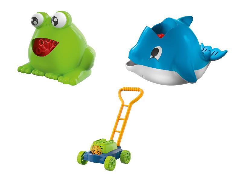 Seifenblasenspielzeug: Frosch, Delfin und Rasenmäher.