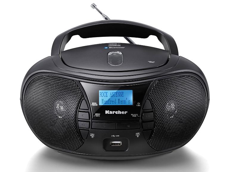 Schwarzer tragbarer Boombox mit Bluetooth, USB und CD-Player, zeigt „ROCK ANTENNE“