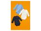 Drei langärmelige Babybodys in Blau, Weiß und Marineblau auf orangefarbenem Hintergrund.