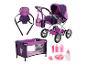 Lila Puppenwagen, Trage, Reisebett und Zubehör mit Feenmotiv.