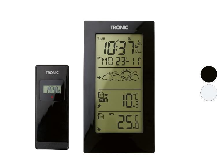 Digitale Wetterstation mit LCD-Display und Außensensor, zeigt Temperatur und Luftfeuchtigkeit an.