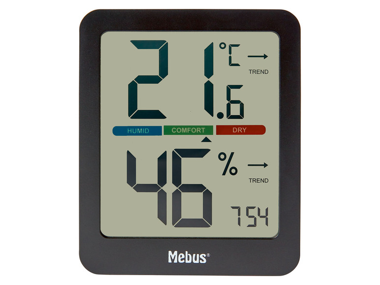 Digitaler Thermo-Hygrometer von Mebus, der 21,6 Grad Celsius und 46% Luftfeuchtigkeit anzeigt.