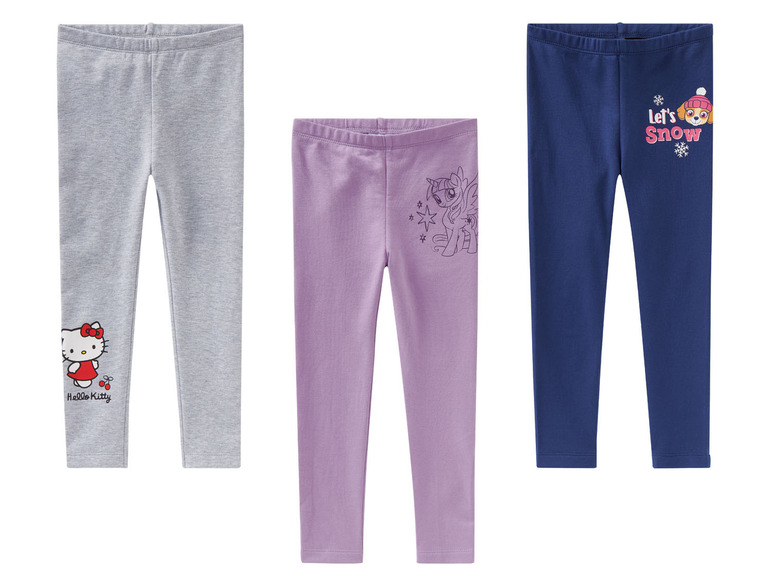 Drei Leggings für Mädchen mit Hello Kitty, My Little Pony und Paw Patrol Motiven.