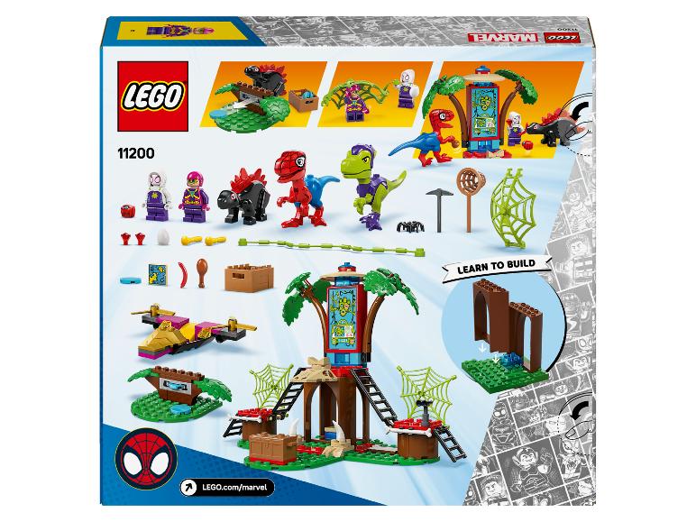 LEGO Marvel Set 11200 mit Spider-Man, Ghost-Spider und Dinosauriern in einer Dschungelumgebung.
