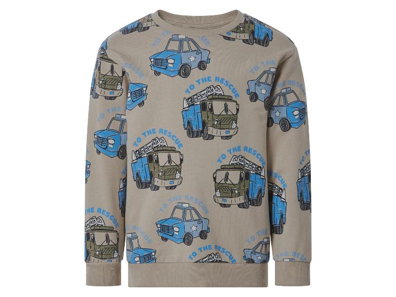 Kinder-Sweatshirt mit Polizeiauto- und Feuerwehrauto-Print, mit dem Text „TO THE RESCUE“.