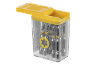Bohrer-Set in einer transparenten Box mit gelbem Deckel, auf dem „OPEN“ steht.