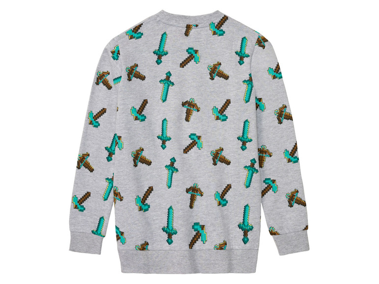 Grauer Pullover mit Minecraft-Schwert- und Spitzhacken-Motiv.