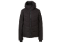 Schwarze Steppjacke mit Kapuze und Reißverschluss.