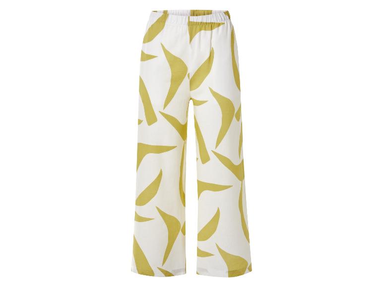 Weite Hose mit abstraktem Muster, cremefarben und olivgrün.