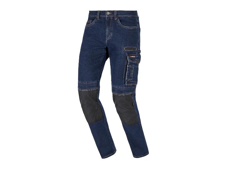 Dunkelblaue Jeans-Arbeitshose mit schwarzen Kniepolstern und Seitentaschen.
