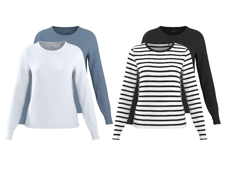 Set aus vier Damen-Langarmshirts: zwei unifarben (weiß, blau) und zwei gestreift (schwarz, weiß-schwarz).