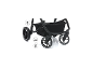 Schwarzer Kinderwagen mit 360° schwenkbaren Rädern und Federung.