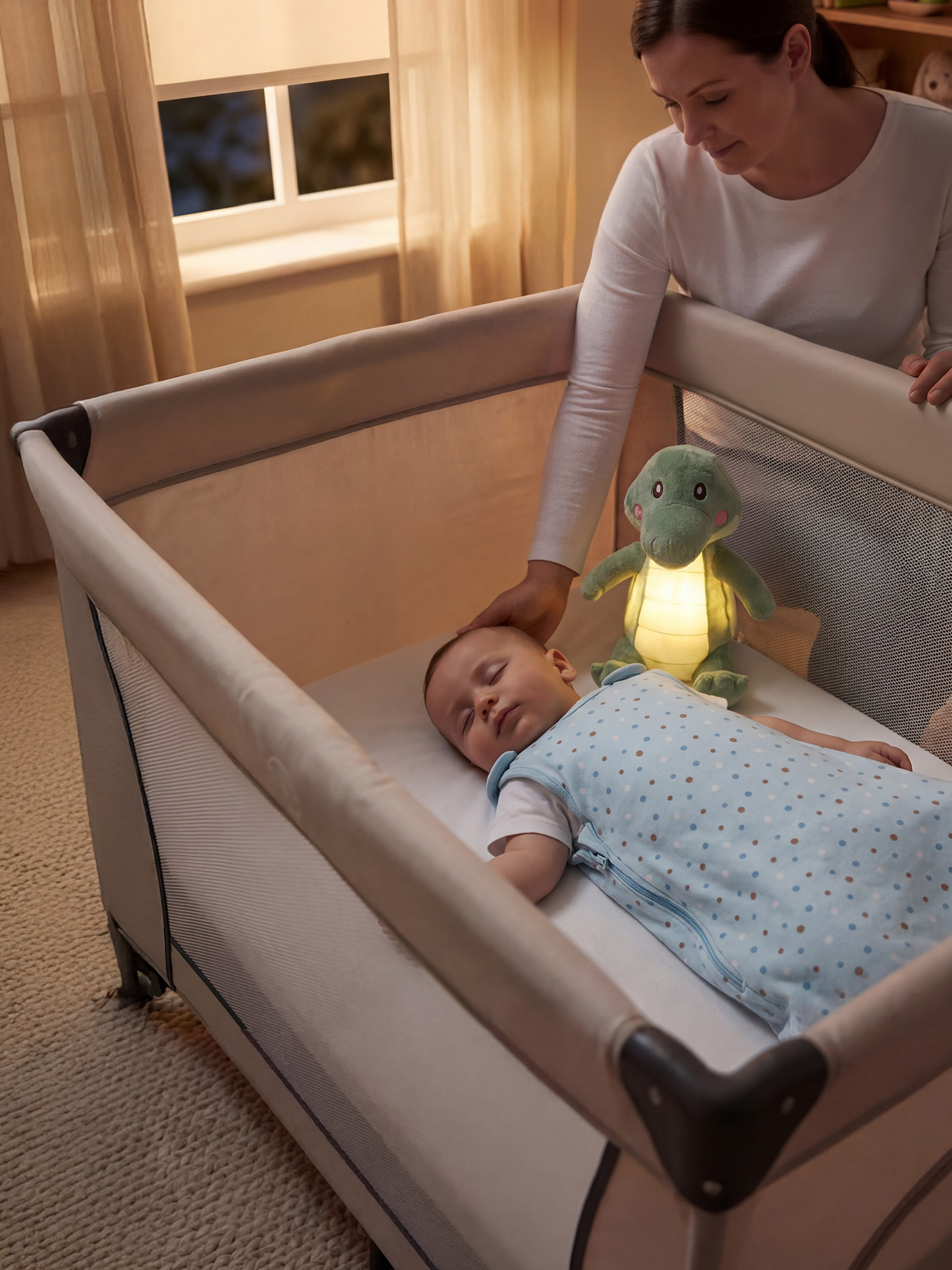 Mutter wacht über schlafendes Baby im Reisebett mit Dinosaurier-Nachtlicht.
