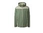 Grüne Softshelljacke für Herren mit beigen Einsätzen und Kapuze.