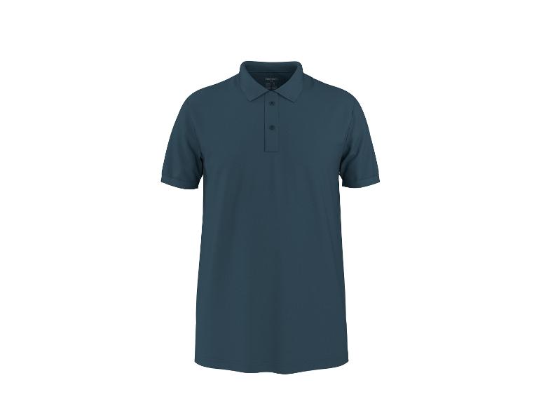Dunkelblaues Kurzarm-Poloshirt mit drei Knöpfen.