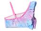 Kinder-Bikini-Oberteil mit Rüschen, Pastell-Galaxie-Print und überkreuzten Trägern.
