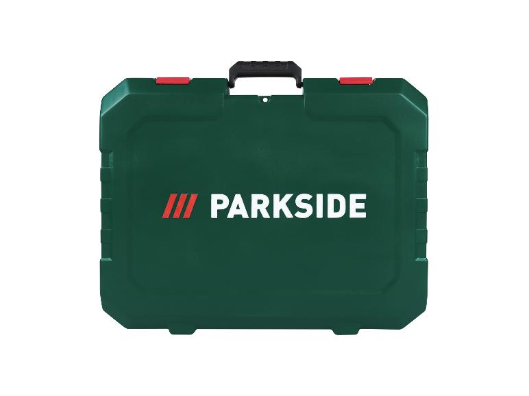 Grüner Parkside Koffer mit schwarzen Griffen und roten Verschlüssen