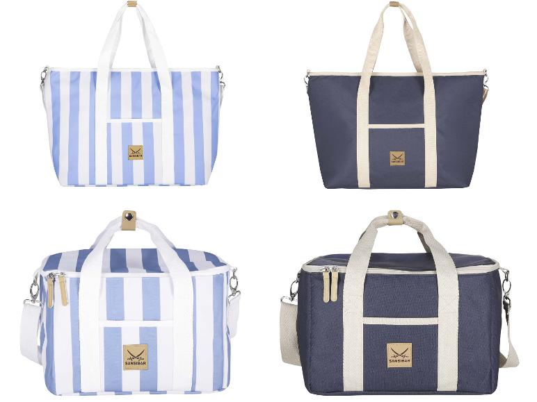Vier Kühltaschen: zwei blau-weiß gestreift, zwei einfarbig marineblau, alle mit Canvas-Griffen.