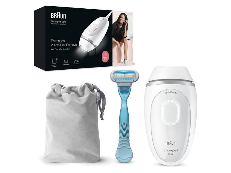 Braun Silk-expert Mini IPL Haarentferner, Rasierer und Aufbewahrungstasche.