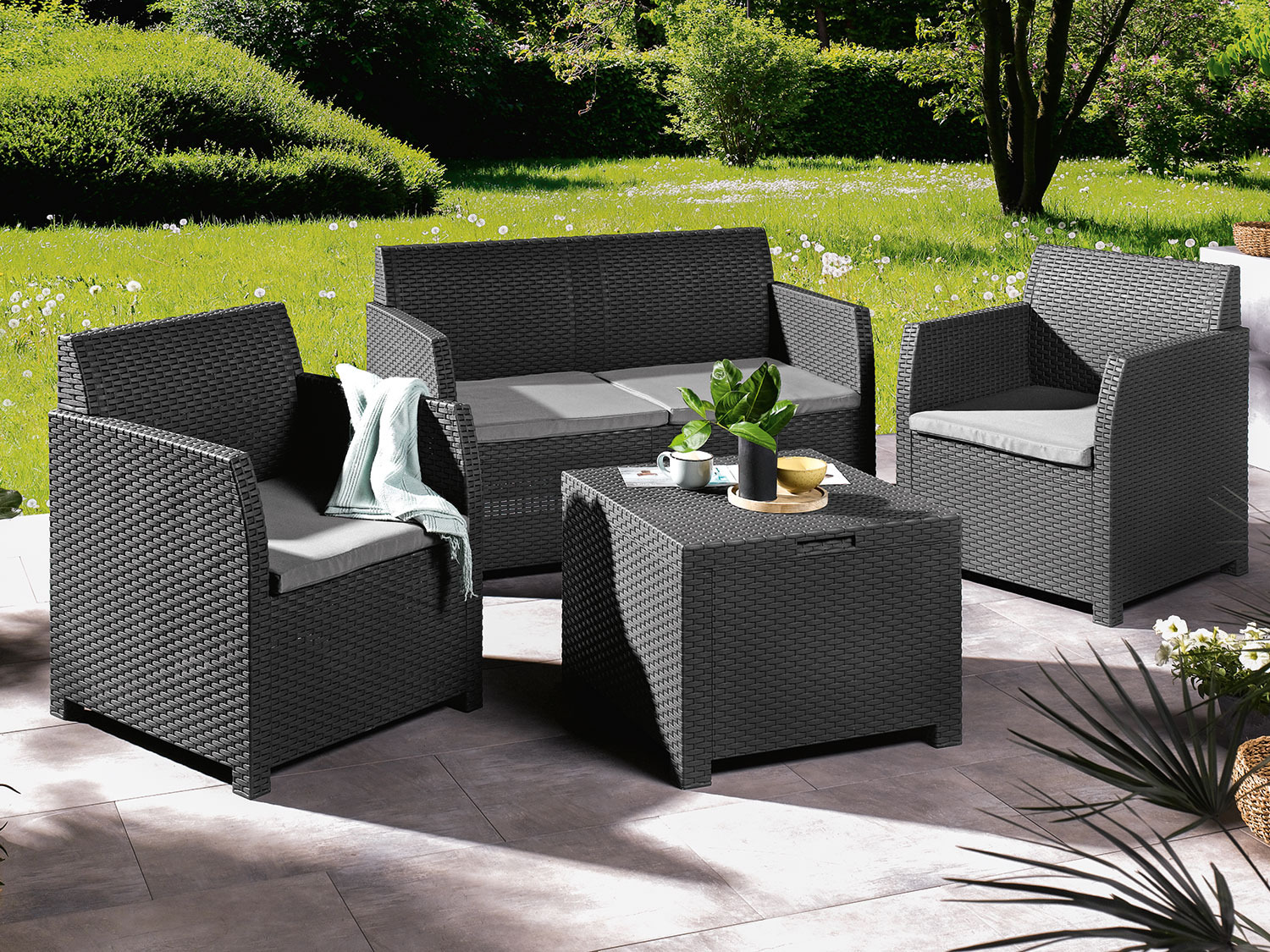 LIVARNO home Lounge-Set, 4-teilig, in Rattan-Optik, gr…