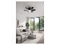Schwarzer Deckenventilator mit Licht in einem modernen Wohnzimmer mit Sofa und großen Fenstern.