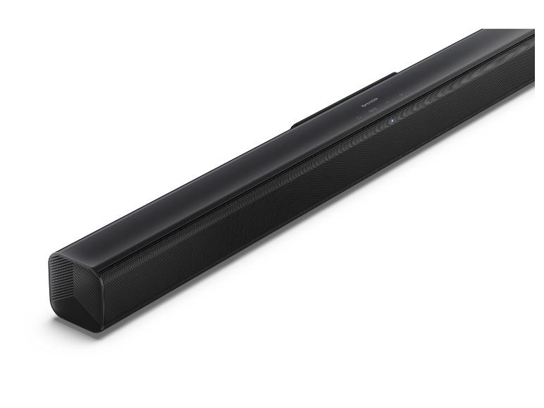 Schwarze Soundbar mit Bedientasten und einer blauen Kontrollleuchte oben.