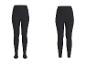 Zwei Paar schwarze Leggings, eine mit bedeckten Füßen, die andere mit offenen Füßen.