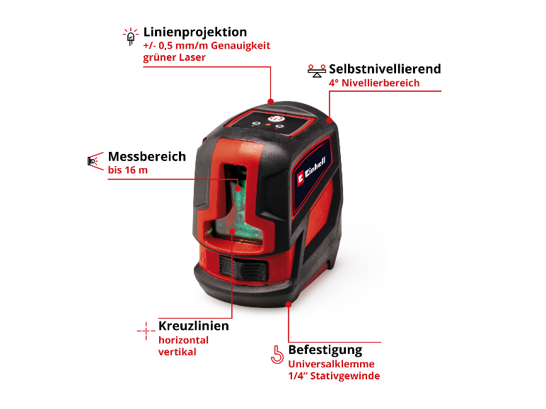 Ein rot-schwarzer Kreuzlinienlaser mit grünem Laser, selbstnivellierend und hervorgehobenen Funktionen.
