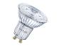 Eine Glas-LED-Spotlampe mit GU10-Fassung und geripptem Design.